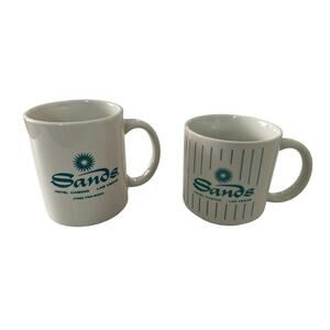 Vintage Sands Hotel Casino Ceramic Coffee Mugs Las Vegas Nevada Teal White Set